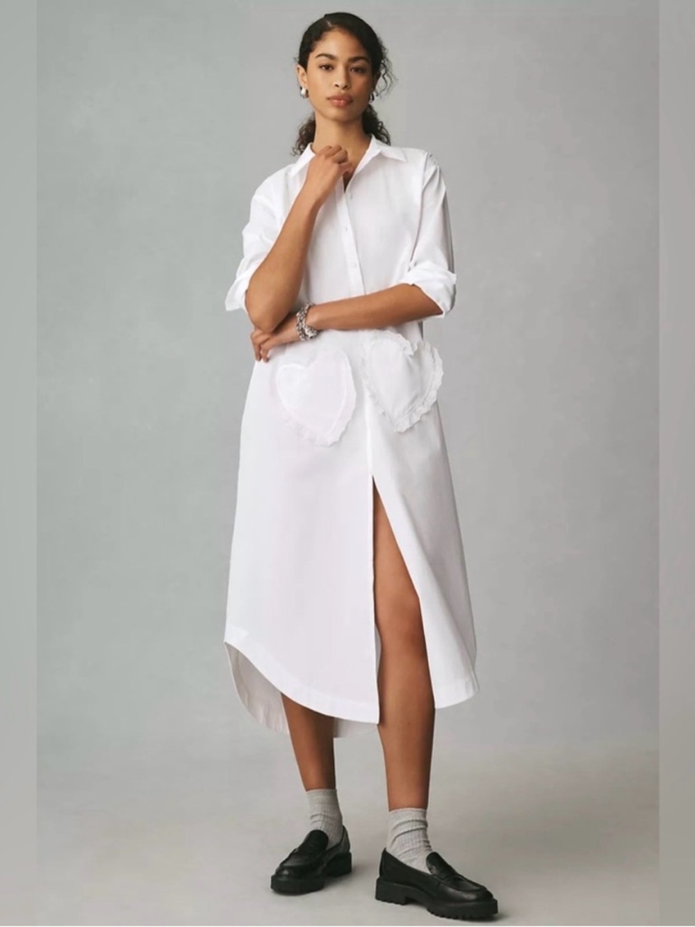 Anthropologie White High-Low Shirt Dress with Heart Patch Pockets